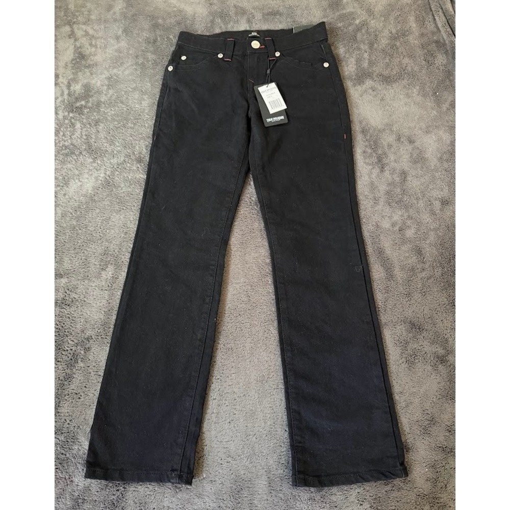 True Religion Ricky Relaxed Straight Boys Jeans Black Red Stitch 26X28 NWT